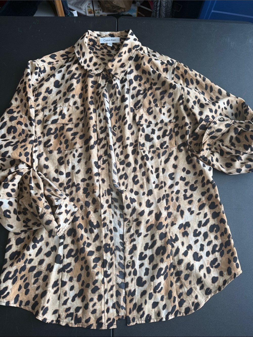 Calvin Klein Tan and Black Leopard-Print Button Front Blouse